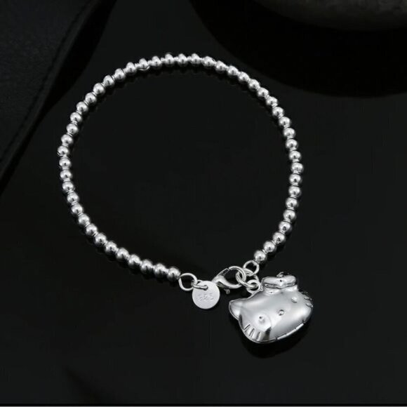 NWT Hello Kitty Locket Charm Bracelet S925 Sterling Silver Beaded Chain 7.5" - Picture 4 of 8
